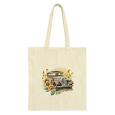 Vintage Car Tote Bag, Sunflower Lover Gift, Antique Automobile Shopping Bag, Classic Vehicle Design, Floral Car Print Tote, Retro Car - Tawshia